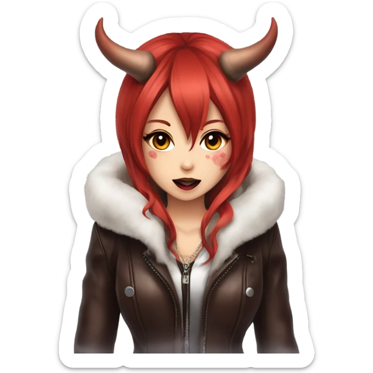 demon hime gyaru girl, red hair, demon horns, leather coat sticker