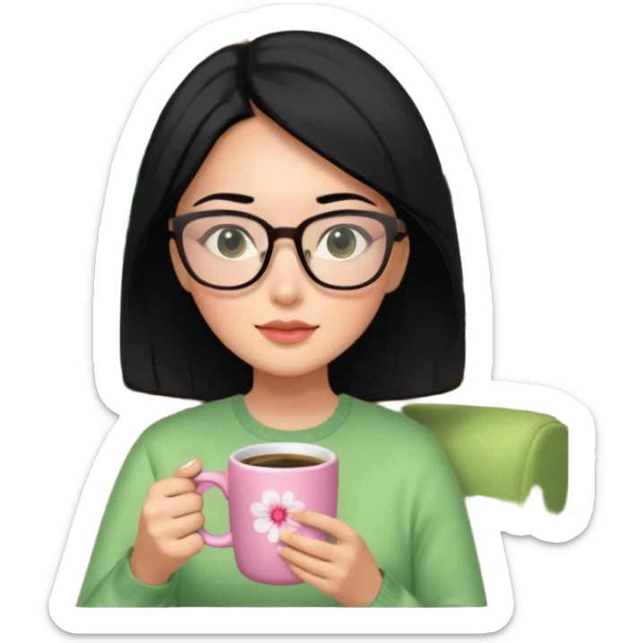 Chica de pelo negro ojos negros y piel morena con lentes oversize square GAFAS DE LEER BIEN GRANDES , ropa de color verde , sentada en una sala de casa , en la mano derecha una taza de cafe en color rosa con una flor negra de diseno. Sentada mirando un drama koreano en la television.  sticker