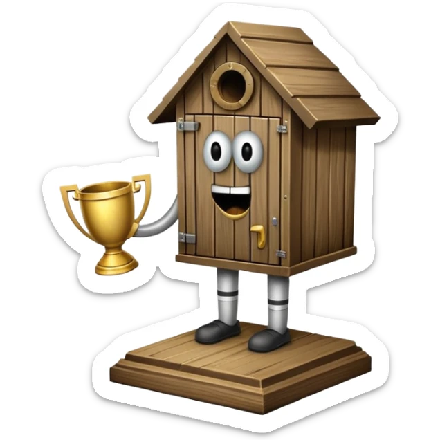 A "I STINK AT FANTASY FOOTBALL" trophy featuring an outhouse-shaped figure with legs on a metallic base - perfect for commemorating league losers.​​​​​​​​​​​​​​​​ sticker