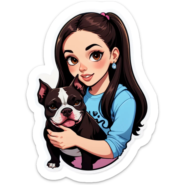 Slightly overweight beautiful girl with choppy long dark hair with her nose piercing and her black iPhone with her her pet pit bull girl with an underbite layed next to her sticker