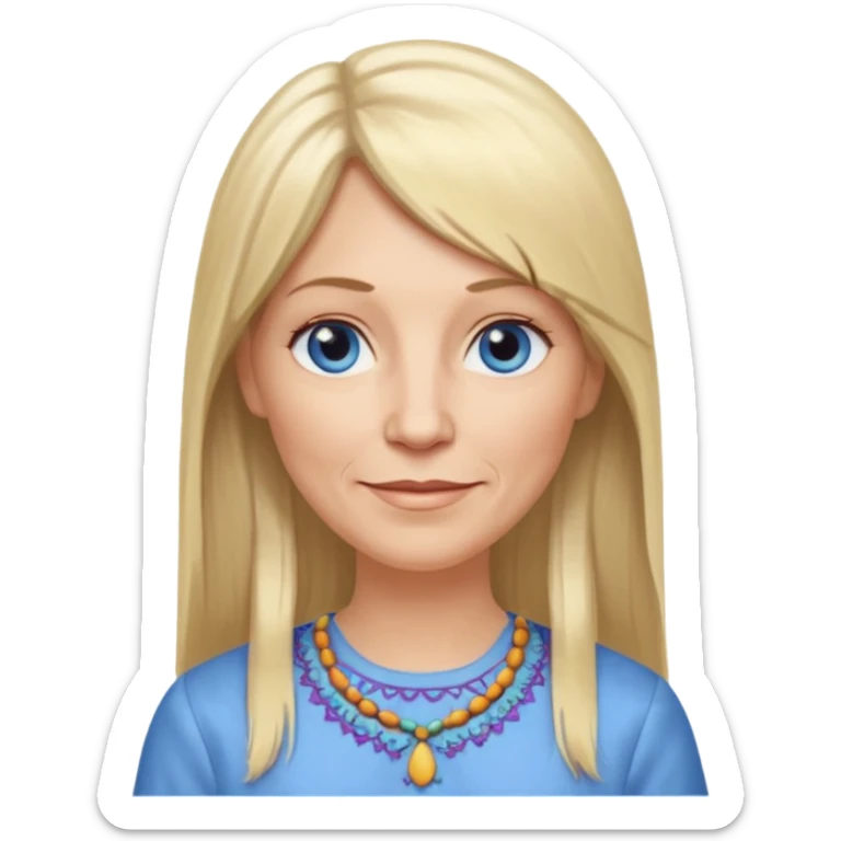 50 yr old white woman, hippie part bangs, very long straight blond hair, oval face, small smile, blue eyes, thin face, hair downback, hair parted at center of head, round cheeks, pale, longer hair, dress shirt sticker