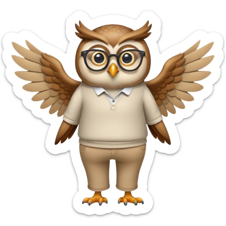 friendly anthropomorphised owl with wings instead of arms, in pants and a shirt, wearing glasses, walking upright, relaxed pose sticker