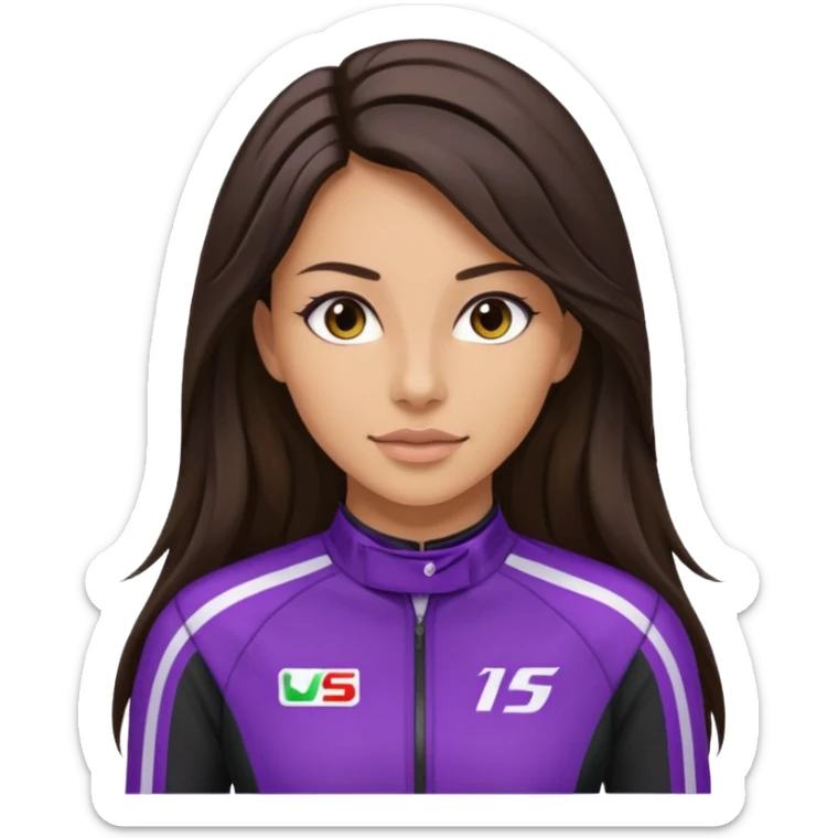 brunette long hair woman with black racing outfit with single purple strips sticker