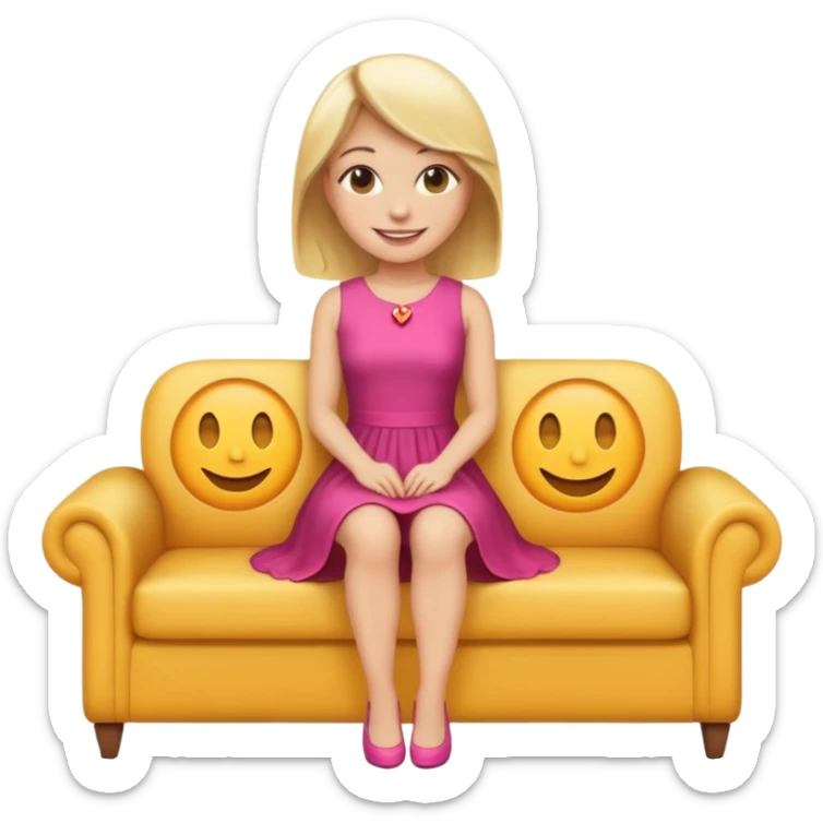 smiling blonde woman full body sitting on a couch, SFW, emoji style sticker