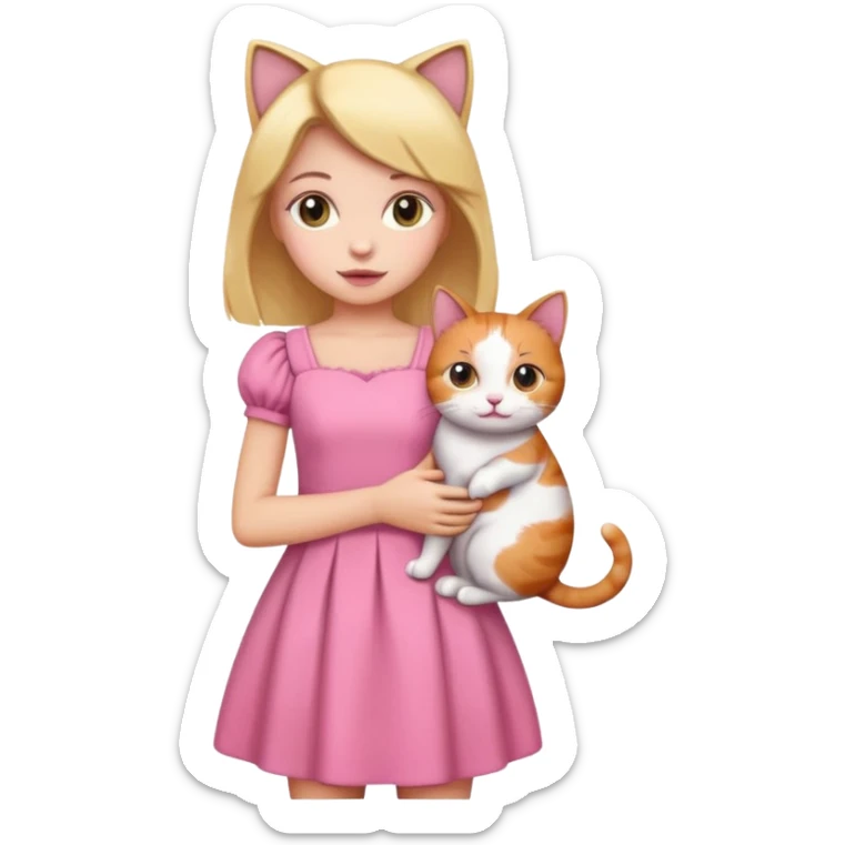 a girl in a pink dress holding a calico cat, emoji style, icon sticker