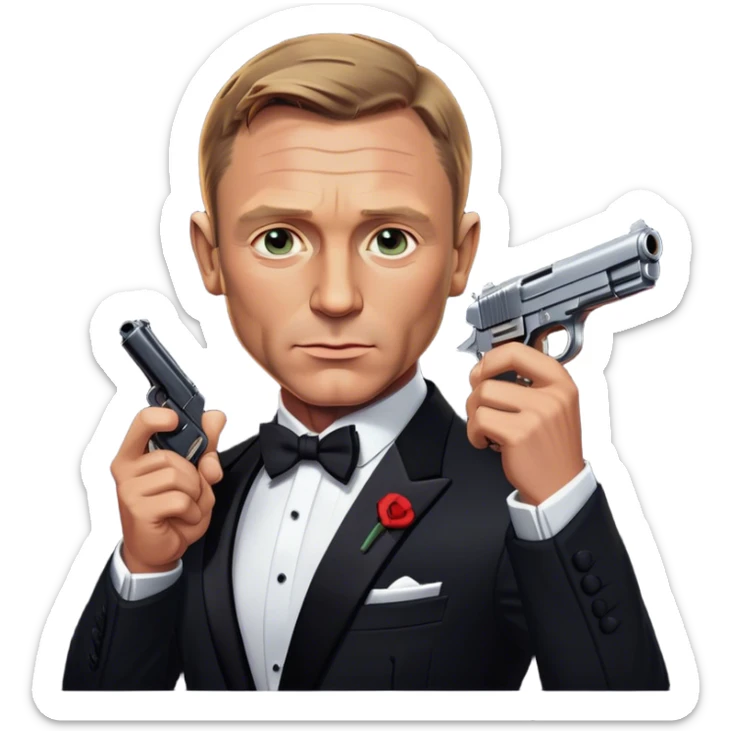 Cinematic Realistic James Bond Daniel Craig Portrait Emoji, depicted as the ultimate suave and enigmatic secret agent, donning a sharply tailored tuxedo, gripping a sleek handgun, with a piercing gaze that exudes confidence and danger. The scene is infused with moody, high-contrast cinematic lighting, evoking the thrilling world of espionage and intrigue. sticker