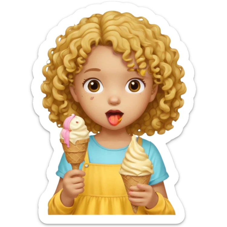 a little girl kid with curly hair, yellow dress, eat ice cream sticker