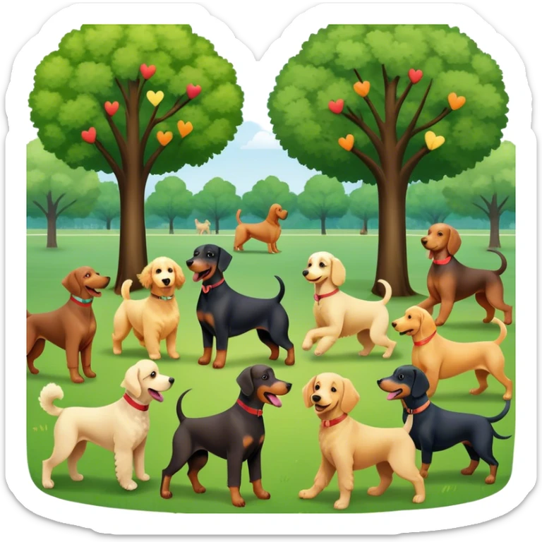 Collage of various dog breeds like Doberman, Poodle, Dachshund, and Golden Retriever, playing in a park with trees and grass. Some dogs run, others sit, all are full of energy and happiness. A joyful, colorful scene with playful expressions. Transparent background. sticker