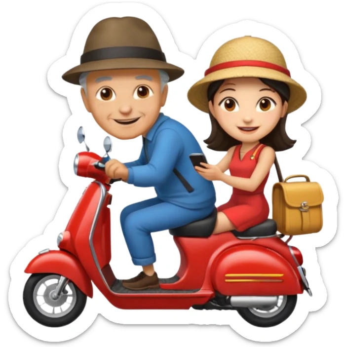 generate iphone emoji old guy italian and chinese girl into the scooter sticker