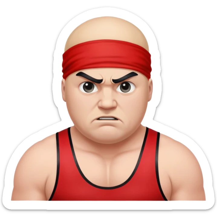 Close-up of white skin fat guy no muscle with prominent black durag, completely shaved face, no beard or mustache, black eyes in a red and black wrestling singlet with angry face sticker