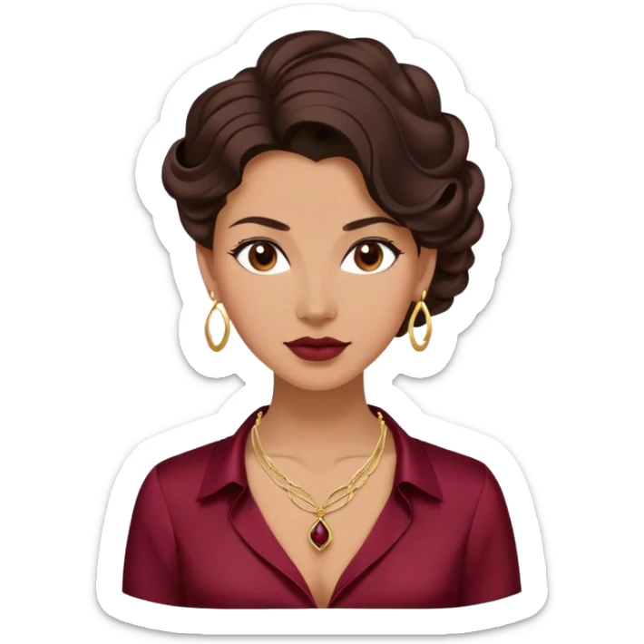 Emoji femenino con cabello recogido elegante castaño oscuro con ondas. Tono de piel bronceado. Viste camisa satinada vinotinto y lleva tres collares combinados color dorado. Diseño minimalista pero elegante. sticker