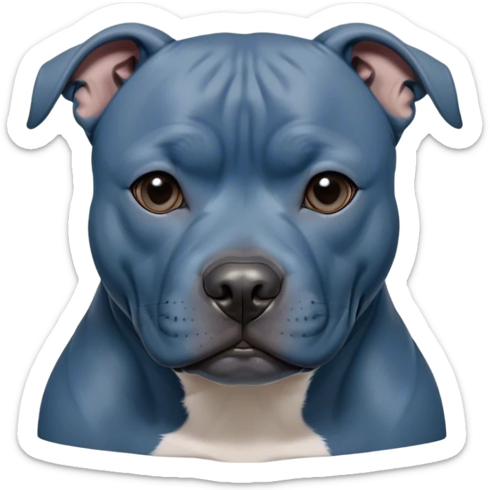 Cinematic Noble Blue Staffordshire Bull Terrier Portrait Emoji, Poised and regal, with a compact, muscular build and a sleek, well-groomed blue Fur, deep-set soulful dark eyes, Simplified yet sharp and sophisticated features, highly detailed, glowing with a soft, dignified glow, high shine, intelligent and loyal, stylized with an air of strength, focused and attentive, soft glowing outline, capturing the essence of a watchful and confident guardian, so majestic it feels as though it could stride out of the screen with effortless authority! sticker