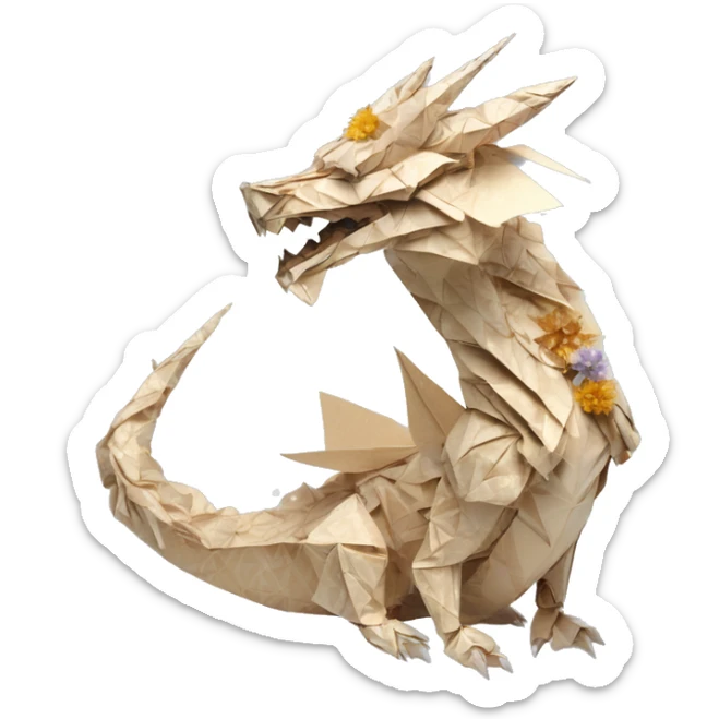 Sparkling patterned Beige Origami dragon with a dried flower crown made of newspapers intricate patterns surrounded by fairy lights nebula galaxy stars swirls iridescent holographic  sticker