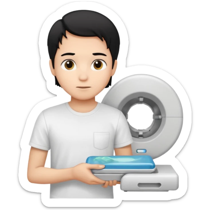 generate a pretty bratz emoji of a boy with black hair wearing a white tshirt and holding a cT sticker