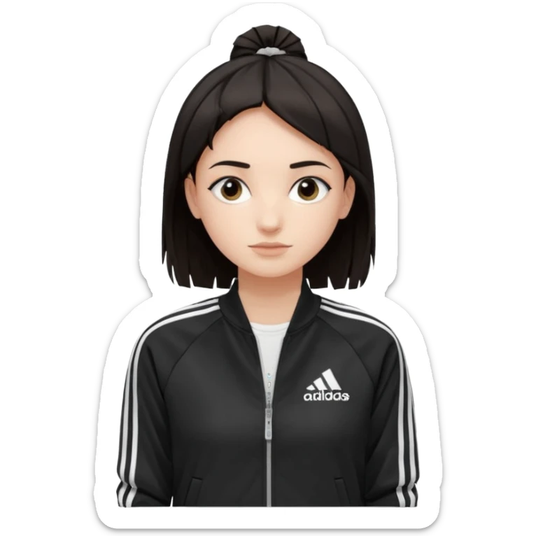 A girl with  medium length, dark hair, fair skin. The style is a layered cut that falls around her shoulders. wore black Adidas track jacket with white stripes on the sleeves. It has a full zipper down the front, a stand-up collar, and the Adidas logo on the right chest emoji sticker