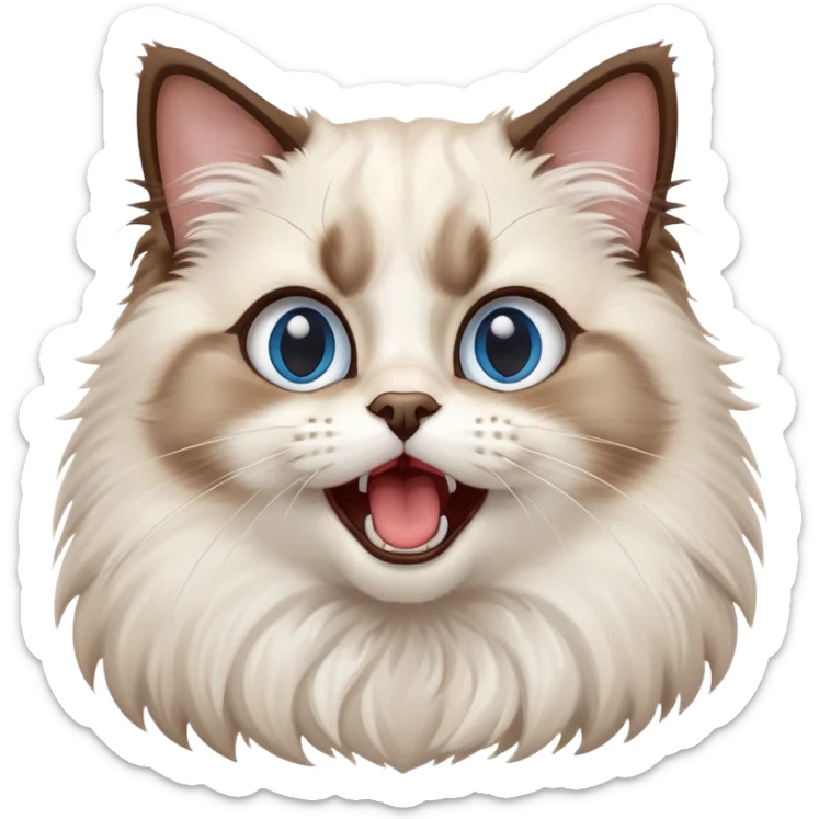 cinematic-adorable-big-eyed-fluffy-ragdoll-cat-portrait-emoji,-head-tilted-playfully-with-a-cute,-yawn,-white and brown fur,-simplified-yet-irresistibly-cute-features, blue eyes sticker