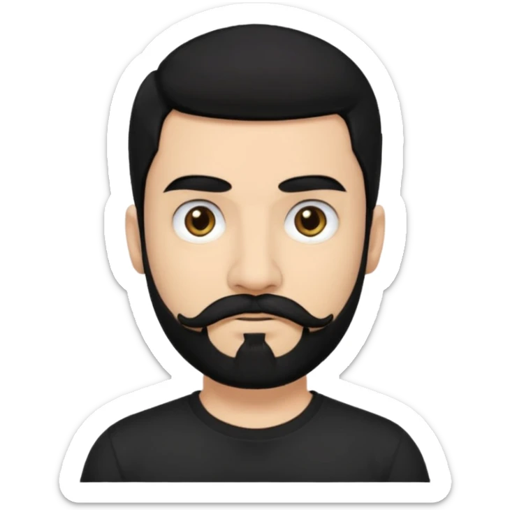 Man, hispanic skin, black hair, black beard, black mustache black eyes black t shirt, small nose, long emo hair sticker