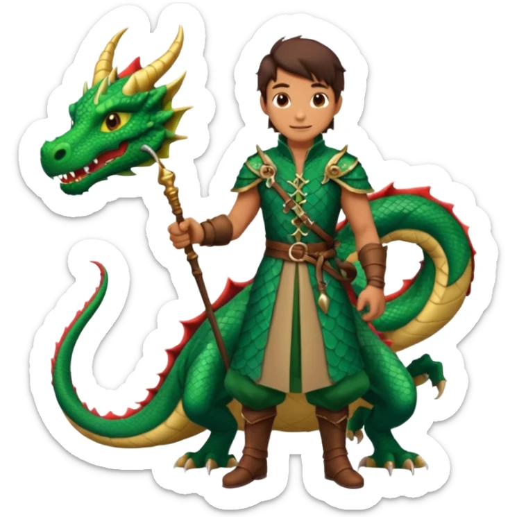 a dragon tamer with a whip in his hand in medieval time with a dragon next to him sticker