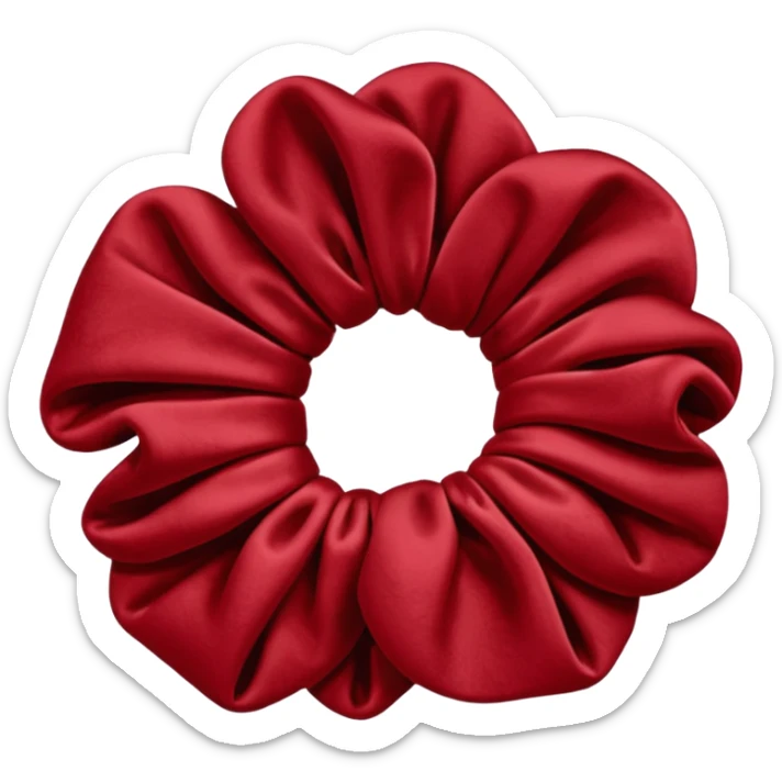 emoji of an isolated red velvet scrunchie, plush velvety texture with soft fiber shadows, rich deep red color, gathered fabric folds, matte and cozy finish, no person, no hair, not worn, simple rounded shape, soft warm shading sticker