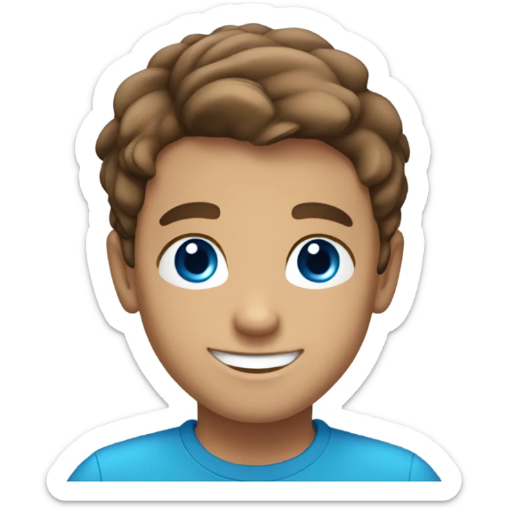 smiling boy in blue shirt, bright blue eyes, brown hair, no facial hair, tan skin sticker