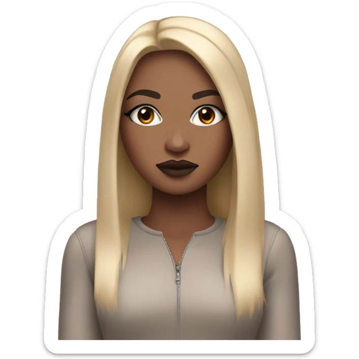 A girl with black, long, straight hair and arrows on her eyelids, as well as her lips are made up with nude pink lipstick, neutral-light skin sticker