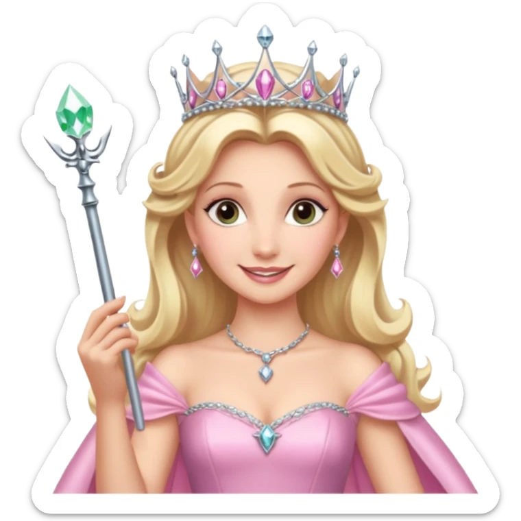 glinda the good witch from wicked movie, blonde hair, beautiful, big silver thin tiara, wand, pink gown sticker