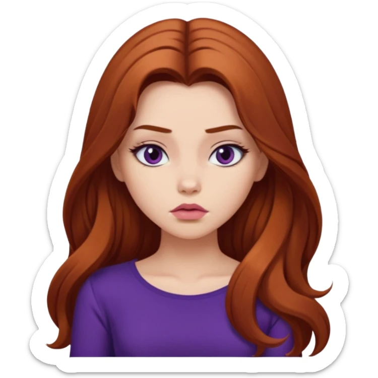 Gorgeous girl with volume auburn extra long hair cleavage dark purple top pouting sticker