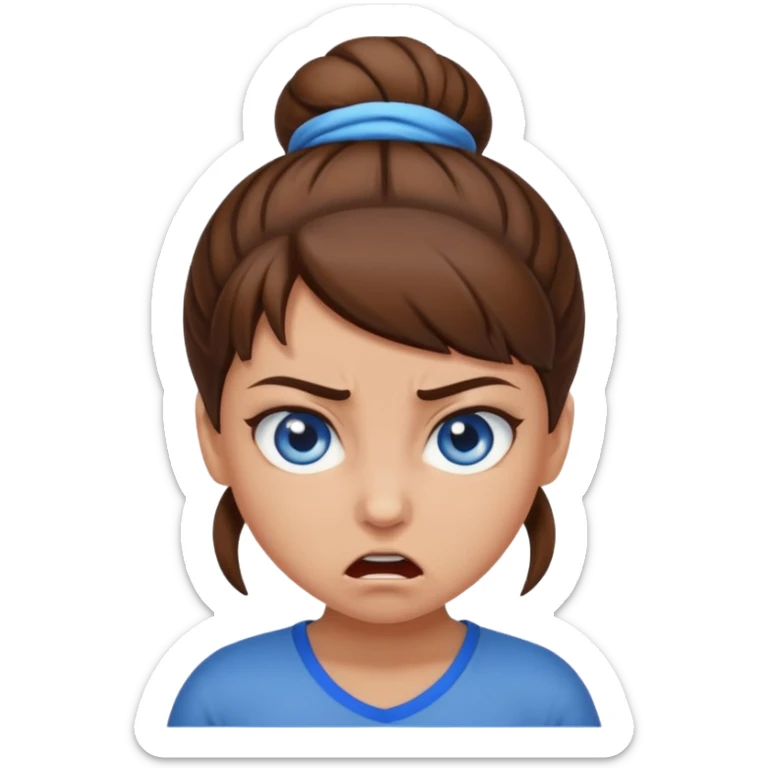 girl with blue eyes, brown hair in an angry brown bun sticker