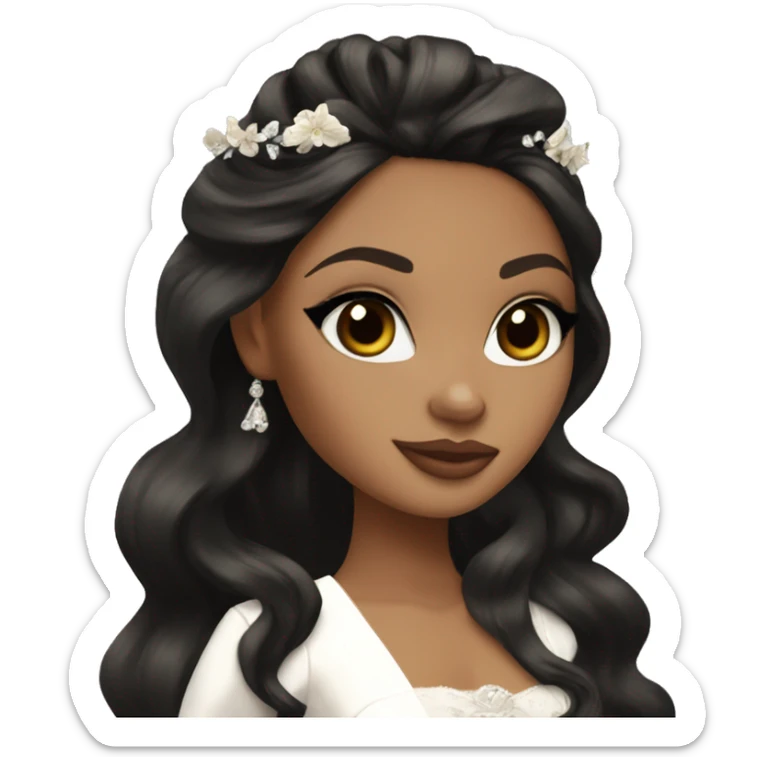 Bratz, bride, black wavy long hair, olive skin, brown almond cat eyes sticker