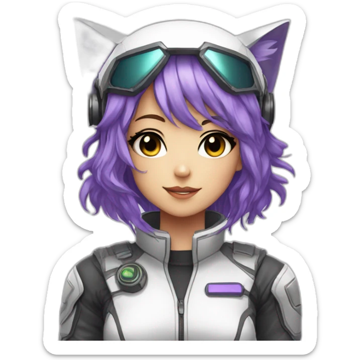 Anime mech pilot girl with purple hair gray eyes white pilot suit and cat ears sticker