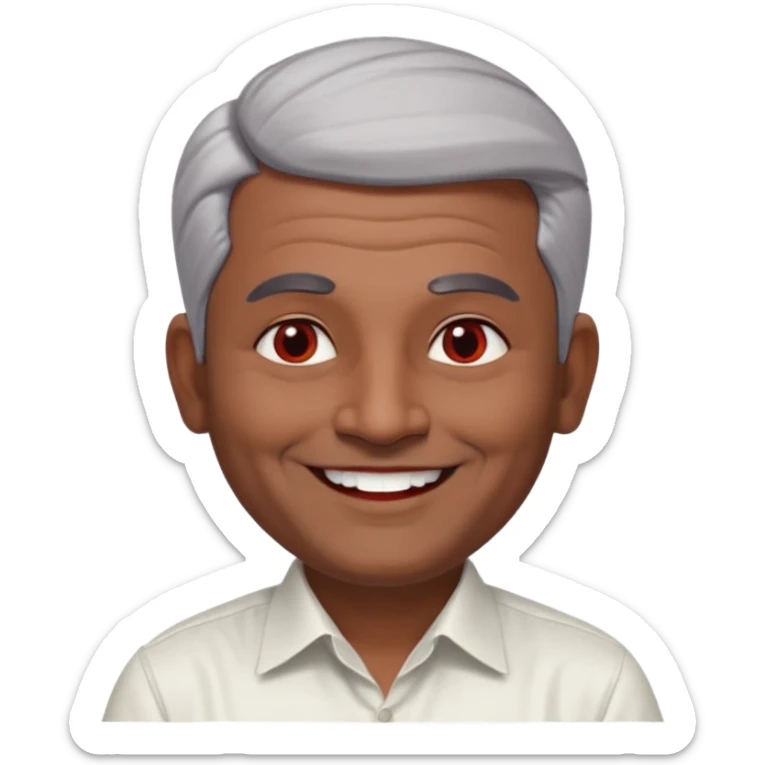 50 yr old indian man, dark skin, grey hair, big smile, white teeth, chubby, no moustache, clean shaven, young style hair, hair brushed back, 5 oclock shadow, bindy, dress shirt, forehead dot, chubby, religious, red dot, fancy hair sticker