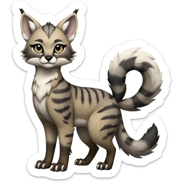 Cute kawaii cool edgy badass  ashen grey fur with smoky charcoal ombré fade fantasy-caracal-civet-genet-sergal-vernid-Gryphon-Cacomistle-Trico-oncilla-animal-Fakémon-hybrid-fursona (full body), facial markings, (realism style) sticker