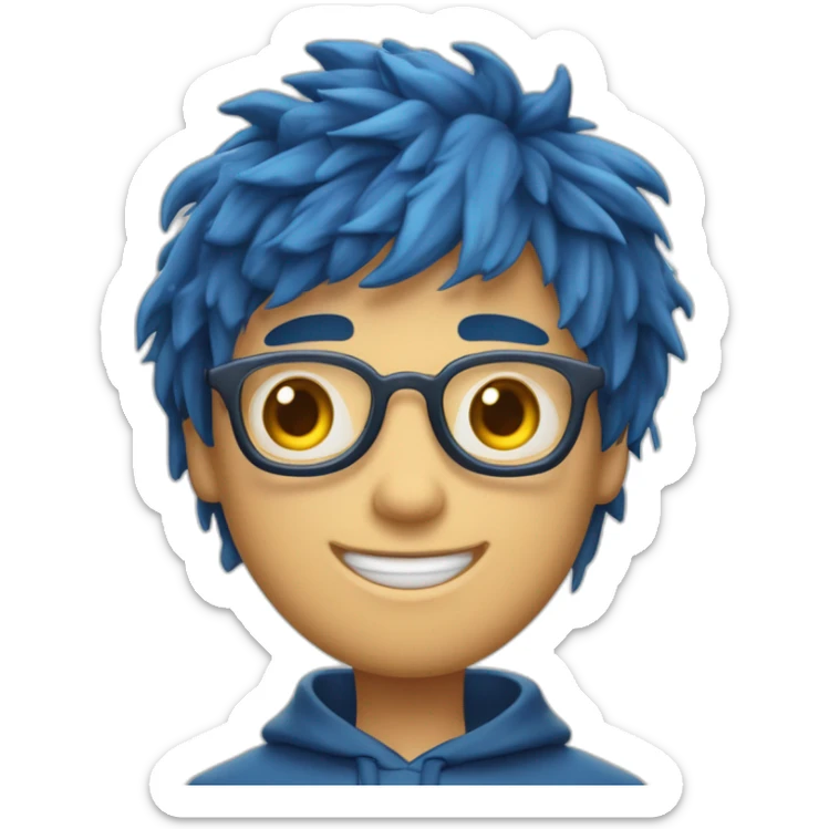 Un garçon aux cheveux châtains foncé mi-longs avec une frange à gauche lui tombant sur l'oeil avec les yeux bleus portant un sweat à capuche bleu qui pleure de rire sticker