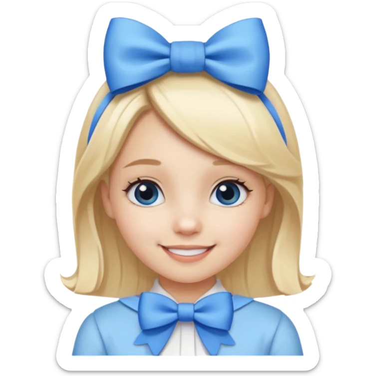 A cute girl with a white skin and a blonde hair with a blue and white bow in her head sticker