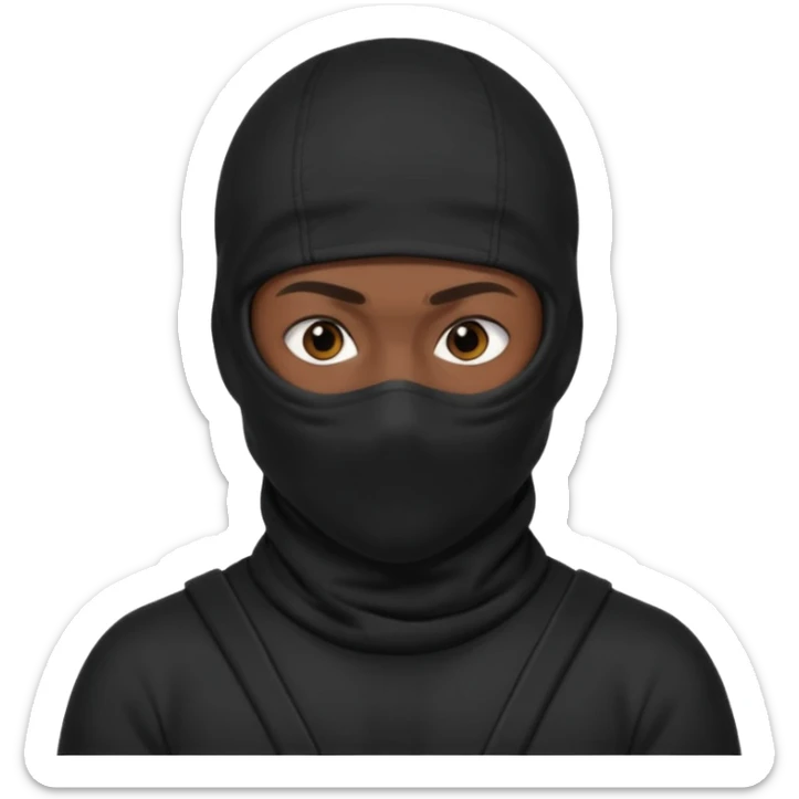 🥷🏽: inspire toi de cet emoji faisant en sorte qu’il est les mains sur les deux côtés de la tête, garde sa cagoule noir avec uniquement ses yeux apparent  sticker