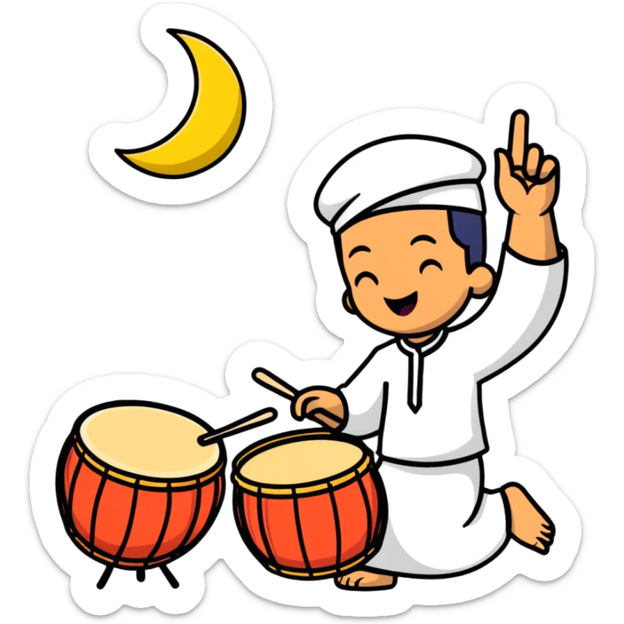 person beating a drum and chanting 'tung tung tung sahur' in a festive Ramadan night setting sticker