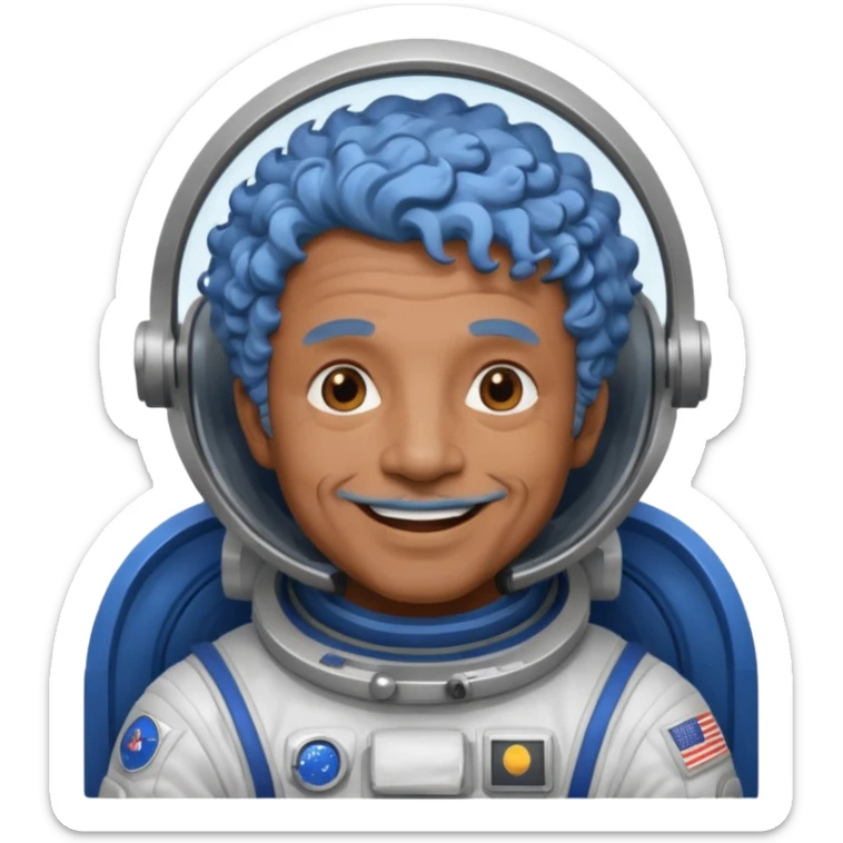 old man, brown skin astronaut with curly blue hair, smile sticker