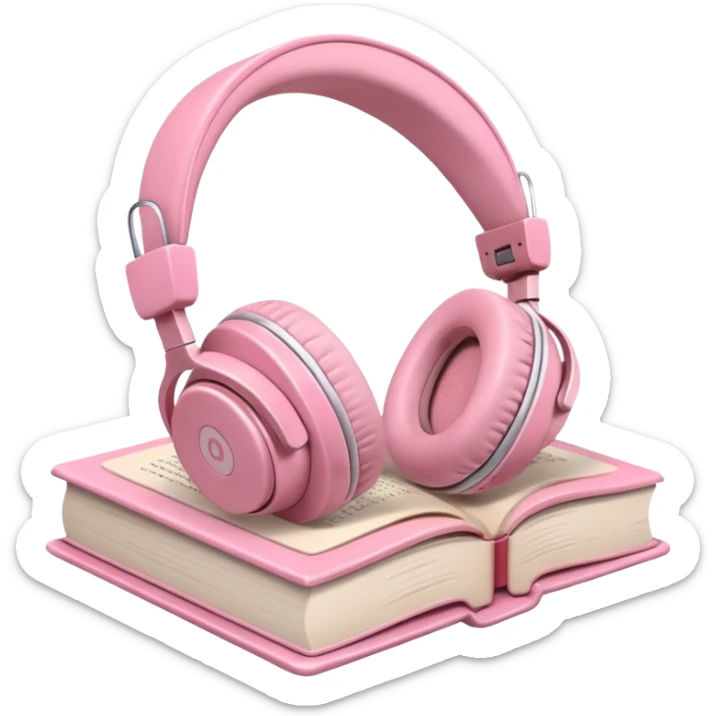  pink pair of modern headphones resting on top of a closed book, soft shadows, realistic style, calm and cozy mood, isolated on transparent background sticker