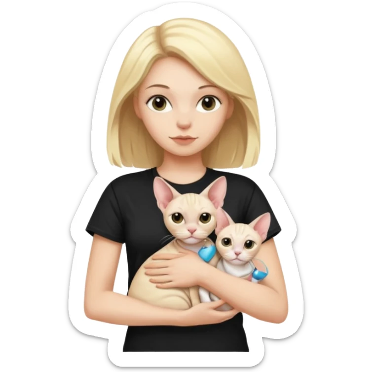 A white girl with blonde hair black T-shirt is holding a white Sphynx girl cat in her arms sticker