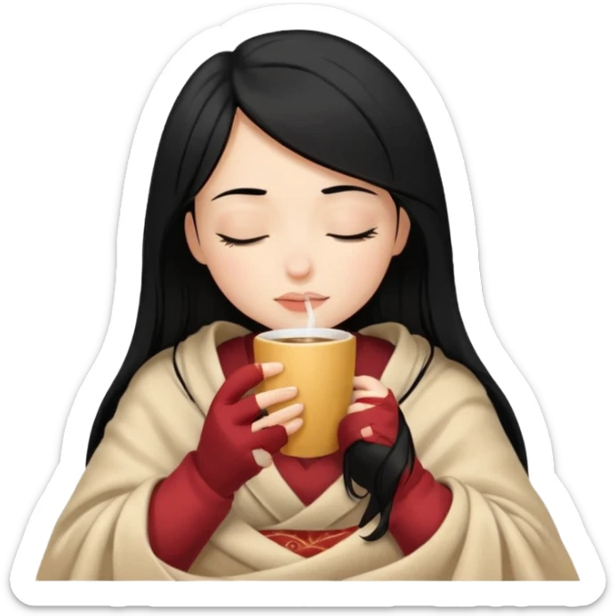 black hair girl long hair inside a beige blanket sipping coffee eyes closed sticker