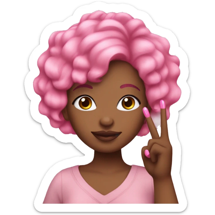 Pink haired African American woman  putting up peace sign with pink nails sticker