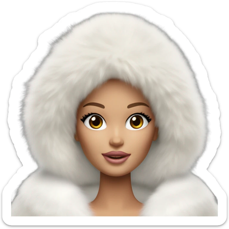 Barbie in an extremely big fluffy oversized white fur coat with hood on. The fur is real and it’s very obvious big and fluffy like in Pinterest  sticker
