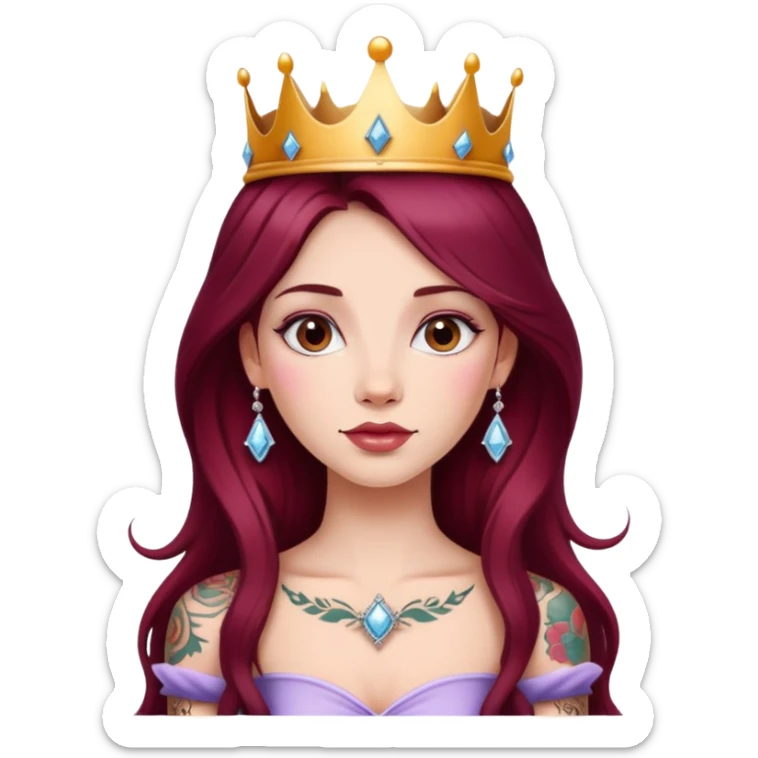 Beautiful tattooed long burgundy haired girl wearing a princess crown sticker