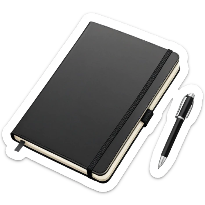 An open black Moleskine notebook with meeting agenda written at the top and clearly visible bullet points below sticker