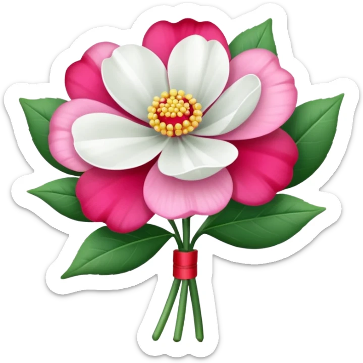 One pink flower and one white flower in transparent bouquet with red band  sticker