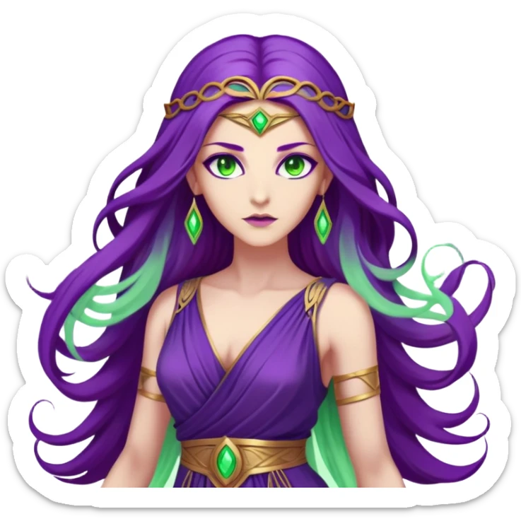 a powerful woman with beige skin, long flowing purple hair, and glowing green eyes. She wears an elegant, ancient Greek-style dress and is surrounded by purple magical energy.” sticker