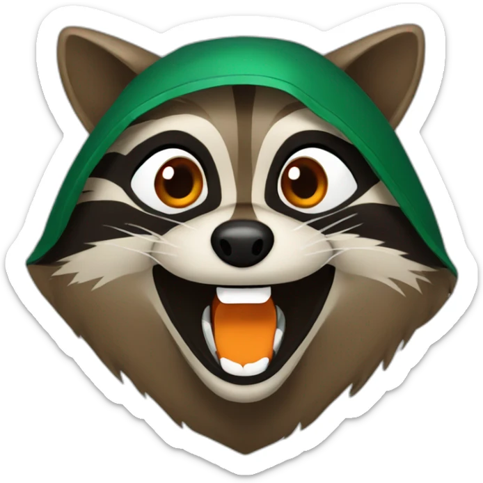 brown raccoon with orange eyes and a dark green hood that is laughing sticker
