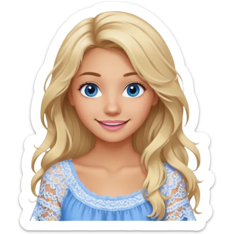 create an emoji of a young woman, tanned face, smile. she has an innocent natural look, very messy extremely long blonde hair, blueeyes, natural soft pink lips. she wears a very loose very white lacy top sticker