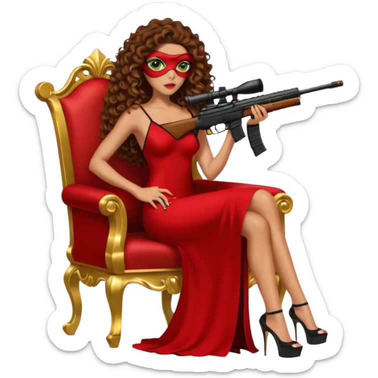 Drug dealer female green eyes symbol.  hair is brown curly long hair. sexy long with long red and black dress and face cover on that covers her mouth only. black stiletto platform high heels shoes on. Holding sniper rifle sitting on a gold throne. sticker