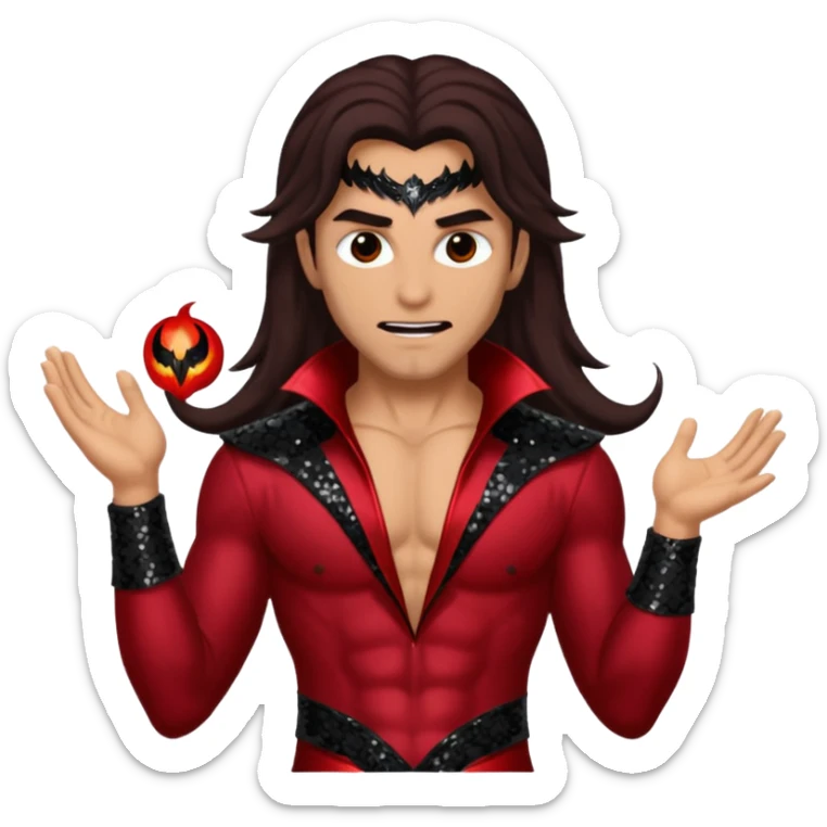 Samael, Venom of God from Gods and Goddesses with tan skin, long dark brown hair, dark red sequin outfit sticker